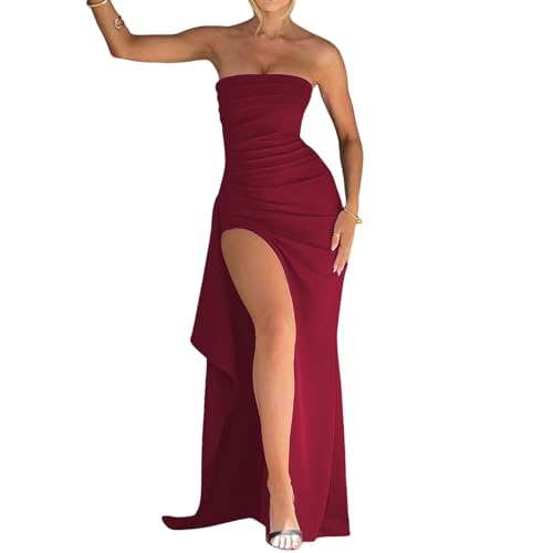 Image of Women's Sexy Strapless Backless High Split Long Maxi Dress Ruched Off Shoulder Sleeveless Bodycon Party Cocktail Dresses