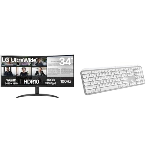 Image of LG 34 Inches 21:9 Curved Ultra Wide Monitor, WQHD (3440 x 1440 Pixels), sRGB 99%(Typ), HDR 10, Dual Controller, PBP, Flicker Safe, Smart Energy Saving + Logitech MX Keys S Wireless Keyboard