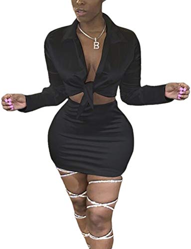 Sedrinuo Women 2 Piece Outfits Dress Sexy V Neck Tie Front Long Sleeve Crop Top and Skirt Club Outfits (Large, Black)