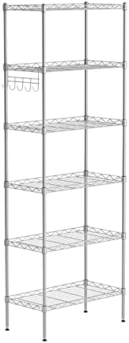 Auslar Metal Storage Shelves 6 Tier Wire Shelving Unit - Metal Racks for Storage with Adjustable Level Feet and Hanging Hooks, Chrome, Grey (24.26" L x 11.5" D x 63" H)