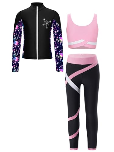 Kid 3 Pieces Girl Sports Dance Outfit Crop Tank Top with Athletic Leggings and Long Sleeve Jacket Set Tracksuit