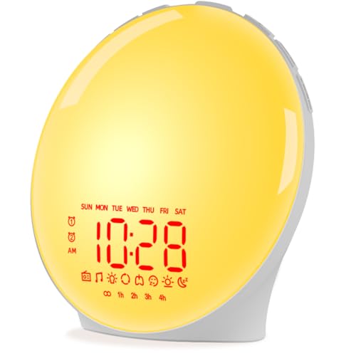 iEasy Wake up Light Sunrise Alarm Clock for Everyone, Sunrise Sunset Simulation, Sleep Aid, Dual Alarms, FM Radio, Snooze, Nightlight13 Colors 23 Sleep Sounds 28 Built-in Alarm Tone 32 Volumes Gift