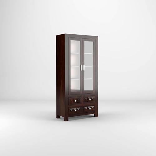 Image of Sheesham Wood Bookcases with 4 Shelves 4 Drawer - Wooden Kitchen Crockery Cabinet for Dining Room Kitchen with Glass Door Book Shelf Wooden Rack for Living Room (Henry Walnut)
