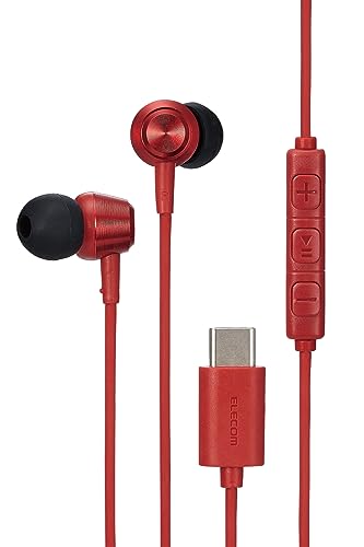 エレコム Type-C イヤホン マイク付き iPhone 16e/ 16シリーズ /15対応 【通話可・音声調整可】 タイプC カナル型 密閉型 有線 音声と映像のズレなし リモコン付き 【耳の負担減】 4種サイズのイヤーキャップ付属 1.2m レッド