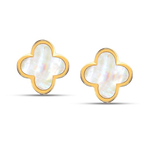LeCalla 925 Sterling Silver Stud Clover Earrings - Mother of Pearl 14K Gold-Plated Stud Earrings | Silver MOP Flower Shape Four Leaf Clover Designs CZ Stud Earring for Women