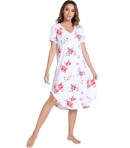 Image of NACHILA Nightgowns for Women-Viscose Made from Bamboo, V Neck Sleepshirts Short Sleeve Sleepwear Cool Nightshirt
