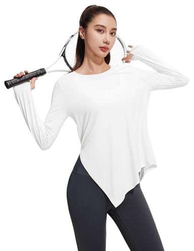 Image of Venzina Women's Long Sleeve Yoga Top with UPF 50 Sun Protection | Quick-Dry Shirt with Thumbholes & Asymmetrical Knotted Hem |Running, Dance, Exercise