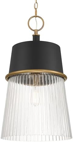 Minka Lavery 194-876 Stamford 15" Wide Pendant - Dark Matte Black and Legacy Brass with Clear Ribbed Glass