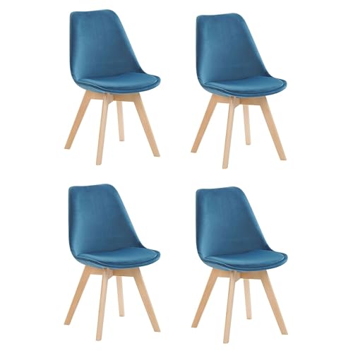 Image of Set of 4 Modern Style Mid Century Modern Dinning Room Cafe Hotel Office Wooden Legs Chair (Full Fabric Blue)
