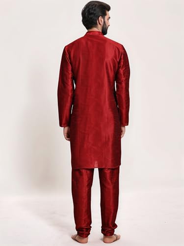 Image of SKAVIJ Men's Art Silk Solid Kurta Pyjama Set Festive Woven Design 2-Piece Ethnic Dress (KP055red Red L)