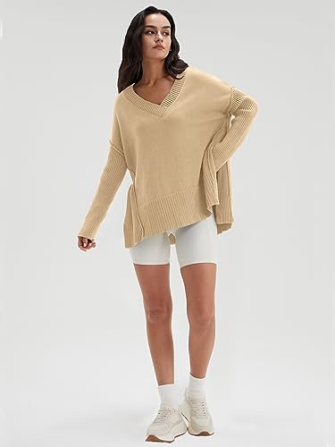 Image of DEEP SELF Women's V Neck Oversized Sweaters Long Batwing Sleeve Split Hem Pullover Asymmetric Loose Casual Knit Tops