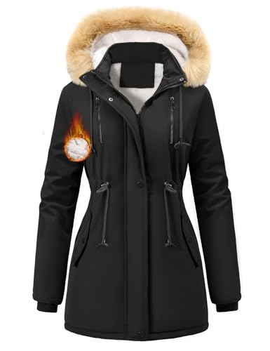 Nadeer Parka Damen Lang Mantel Gefüttert Winterjacke Wintermantel mit Abnehmbar Kapuze und Taschen Warm Winterparka(Schwarz,M)