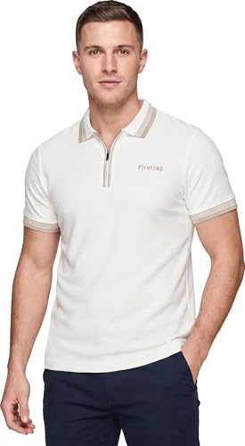 Image of Firetrap Mens Designer Polo T Shirt 1/4 Zip Quarter Zip Textured Cotton Collared Top with Short Sleeves Ecru XL