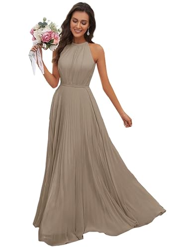 JAEDEN Abendkleid Damen Lang Elegant für Hochzeit Neckholder Brautjungfernkleider Chiffon Festliches Party Kleid Taupe 36