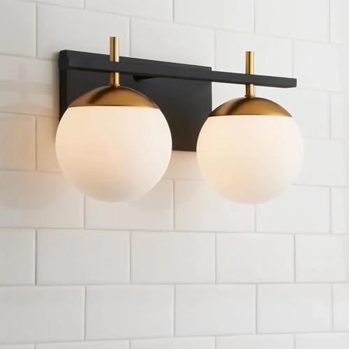 Image of Mid Century 2-Light Bathroom Vanity Light Over Mirror, Black and Gold Modern Bathroom Light Fixtures with Milky White Frosted Glass Globe Shade, Wall Sconces for Bathroom, Stairs, Kitchen