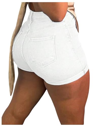 Verdusa Women's High Waisted Denim Shorts Roll Up Hem Straight Leg Stretchy Skinny Jean Shorts White Medium