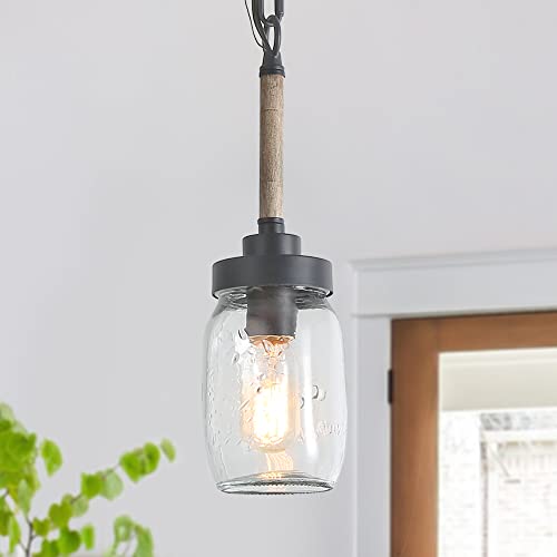 LNC Mini Pendant Lights for Kitchen Island, Mason Jar Lights in Faux Wood Metal Finish, 4'' Farmhouse Small Chandelier with Clear Glass Shade