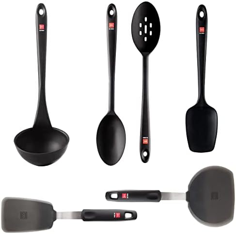 DI ORO 6-Piece Silicone Turner and Seamless Spoon and Ladle Set - 600°F Heat-Resistant Kitchen Utensils - Dishwasher Safe and Flexible - Heavy-Duty Steel Core - Cooking and Baking Gadgets (Black)