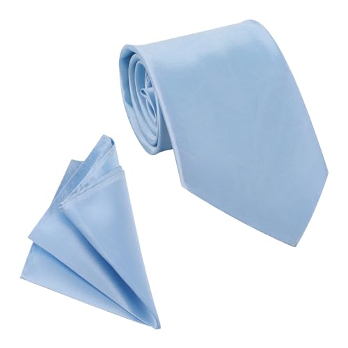 WedDecor Men’s Solid Sky Blue Satin Tie and Pocket Square Set - Classic Neck Tie & Handkerchief for Casual & Formal Wear, Business Meetings, Weddings, Proms, and Parties