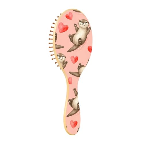 Cute Otters Pink Print Hair Brush for Women Men Smoothing Hair Brushes Round Hairbrush Travel Wooden Hair Combs Detangler Brush for Curly Thick Straight Wet Dry Hair