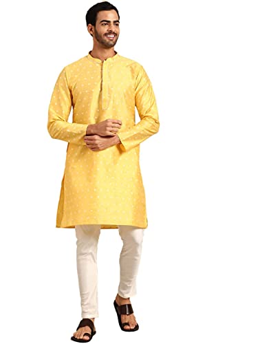 Image of KISAH Men's Kurta - Woven Design Cotton Traditional Outfit for Men - Festive & Wedding Ethnic Wear - Elegant & Comfortable Yellow