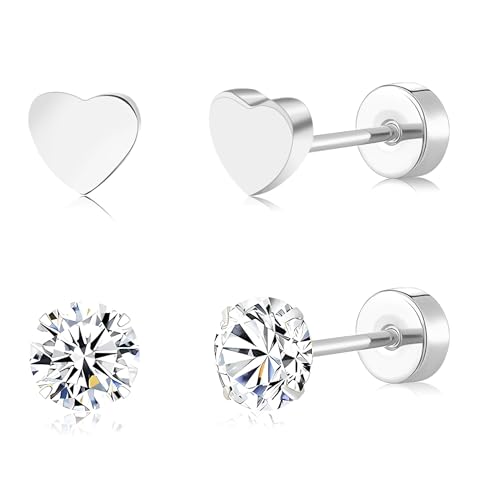 FACOKO 2 Paia di Orecchini a Cuore con Zirconi in Titanio, Schiena Piatta, Colore Argento, 5 mm - Gioielli Eleganti per Donna -...