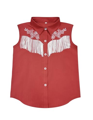 Image of Girls Fringe Shirt Sleeveless Button Down Western Cowgirl Tassel Trim Casual Blouse Shirt Top 4-13Y
