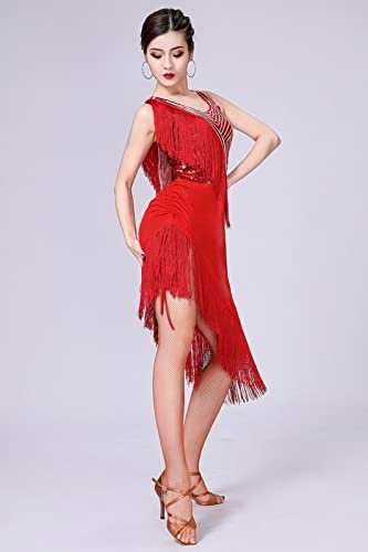Z&X Women's Latin Salsa Tango Dress Sequin Asymmetry Fringe Dancing Dress Ballroom Costume with Shorts Tag L, Red