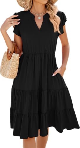 Image of Womens Summer Dress Ruffle Sleeve V Neck Midi Dresses Casual Fit Flowy Tiered Boho Beach Vacation Sundress
