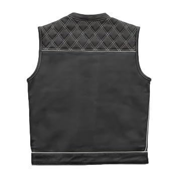 First Mfg Co - White Checker - Men's Motorcycle Biker Riding Black Leather Vest - Extra Large - Conceal Carry Pockets