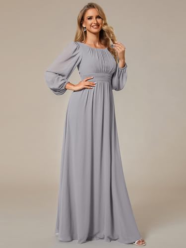 Image of Ever-Pretty Women's Crewneck Long Lantern Sleeves Floor Length A-Line Pleated Chiffon Formal Dress 0106B