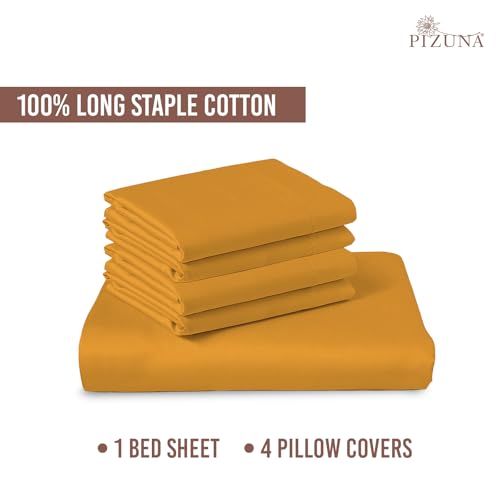 Image of Pizuna 100% Cotton Bedsheet Super King Size Honey Gold, 400 Thread Count Long Staple Combed Cotton Flat Bedsheets 108x108 Inches with 4 Pillow Covers, Bed Sheet for Super King Size Bed