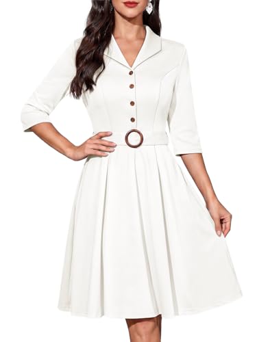 Image of Fynadressr Women's Elegant V-Neck Prom Business Casual Office Dress 3/4 Sleeve A-Line Fit and Flare Formal Wedding Guest Dress with Belt White M
