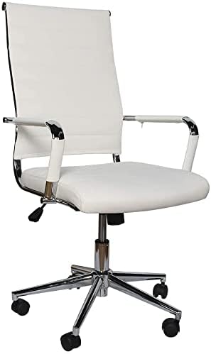 Office Chair MORCOE White High Back Ribbed PU Leather Soft Executive Ergonomics Swivel Chair | Modern Style