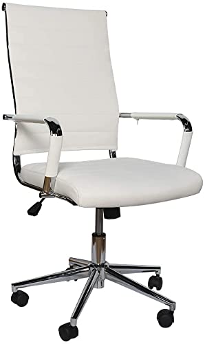 Office Chair MORCOE White High Back Ribbed PU Leather Soft Executive Ergonomics Swivel Chair | Modern Style