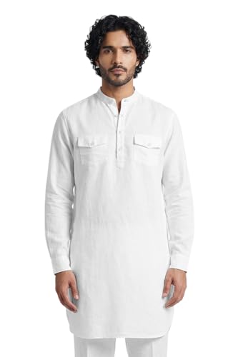 Image of SNITCH Men Casual Kurta Shirt | Regular Fit Full Sleeve Mandarin Collar Solid Pattern | Premium Cotton Linen Blend & Breathable Fabric for Festive Season & Holiday Wear