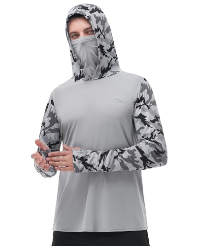 FISHEAL Mens SPF UV Protection Hoody Shirts - Quick Dry Long Sleeve Sun Shield Sweatshirts with Mask for Outdoor Fishing Hunting Hiking