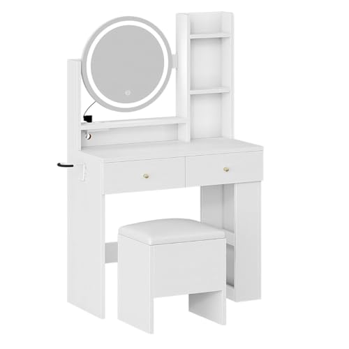 DWVO Vanity Desk with Mirror and Lights, Makeup Vanity Table Set with Power Outlets and Chair, 3 Lighting Colors, Makeup Desk with 3 Drawer and Lots Storage Shelves for Bedroom, White Dressing Table