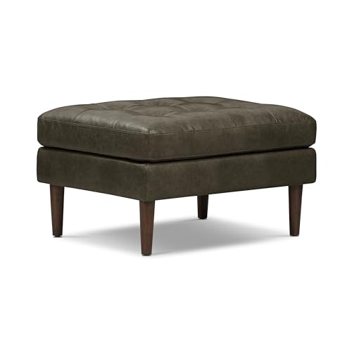 Image of Poly & BARK Napa Ottoman - Full-Grain Leather Upholstered Ottoman with Feather-Down Topper - Couch for Living Room - Vintage Italian Leather in Olivine Green