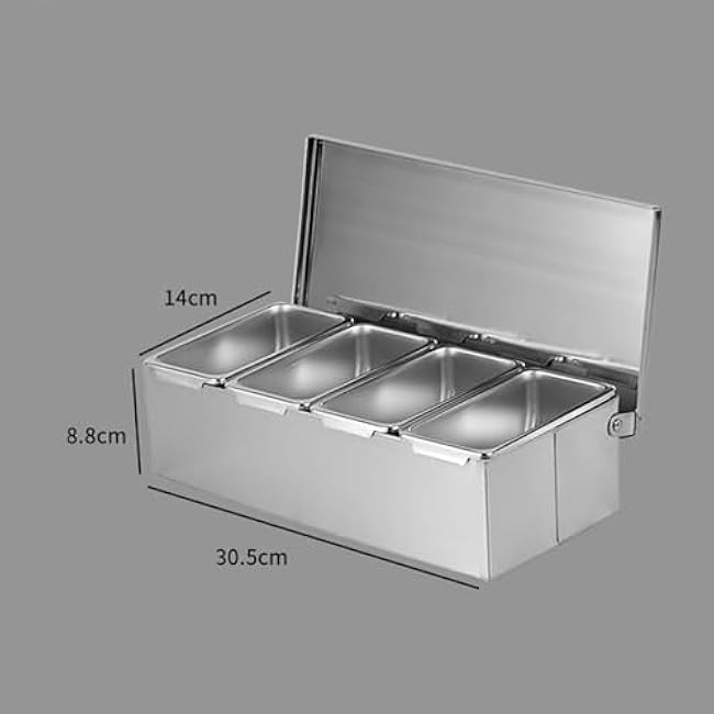 Yunir Seasoning Box Set, 4 Separated Grids Stainless Steel Seasoning Box, Storage Container with 4 Spoons, Kitchen Storage for Snacks Flour Fruits