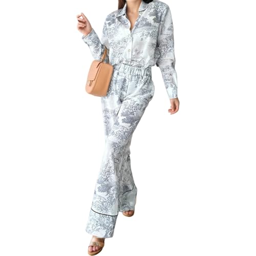 Akivide Women's Fashion Styligh Floral 2 Piece Sets Button Down Long Sleeve Shirt and Wide Leg Pants Casual Pantsuit Outfits