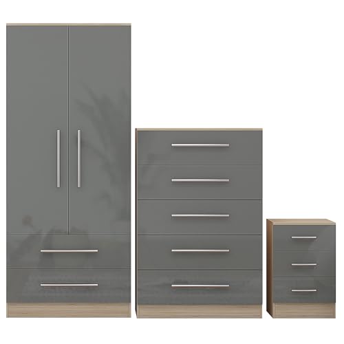 Unique Furnishings Grey Gloss Three Piece Bedroom Furniture Set - Bedside, Chest, Wardrobe - Image 7