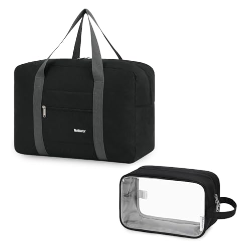 Narwey Foldable Travel Duffel Bag with Clear Travel Toiletry Bag for Women and Men