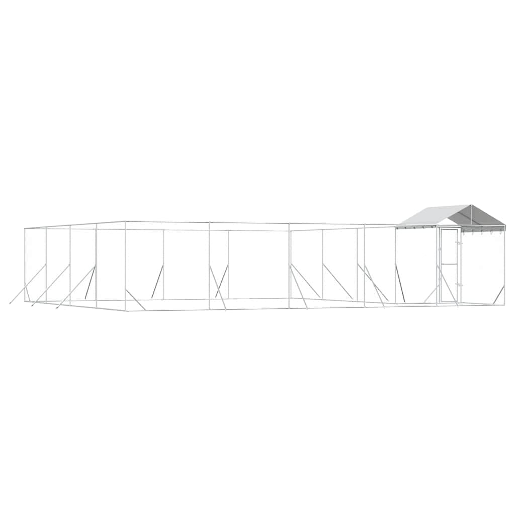 Perrera para perros al aire libre de acero galvanizado con techo plateado, 10 x 8 x 2,5 m, protección segura con rejilla de malla, resistente a la intemperie, ideal para perros, cachorros