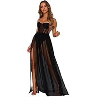 JFAN Vestido Largo de Malla para Mujer Lencería Transparente Vestido Largo Sexy sin Mangas Vestido Largo de Reina del Baile(Negro)