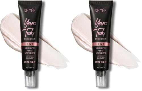 Image of RENEE Yours Truly Strobe Cream for Face | 3 in 1 Highlighter Primer Moisturiser | Glow Cream, Lightweight, Non Sticky | Hydrating Dewy Skin Finish With Peptides | For All Skin Types | Rose Gold - 30g