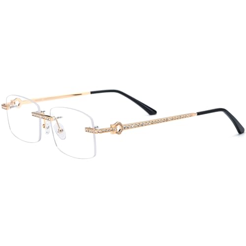 Image of HEPIDEM Vintage Style Rectangular Rimless Metal Eyeglasses for Men,New Frameless Zircon Diamonds Optical Glasses Frame