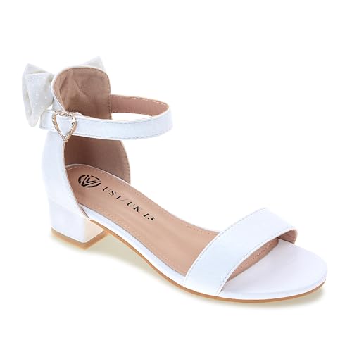 Vonair Girls Sandals Low Heels Ankle Strap Cute Heart Bow Design Flower Girls Wedding Party Dress Shoes White 4 Big Kid