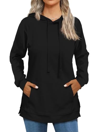 Cuptacc Sudaderas Mujer con Capucha Jersey Mujer con Bolsillo Sueter Manga Larga Invierno Otoño Moda Casual Negro L 42-44