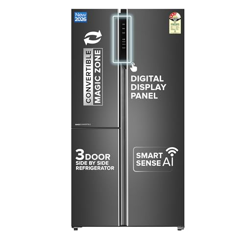 Image of Haier 598L 3 Star 3-Door Side by Side Frost Free Refrigerator|Convertible|Wi-Fi|Expert Inverter Compressor|Digital Display Panel|Triple Twist Ice Maker|Deo Fresh Technology(HRT-683GKU1,Graphite Black)